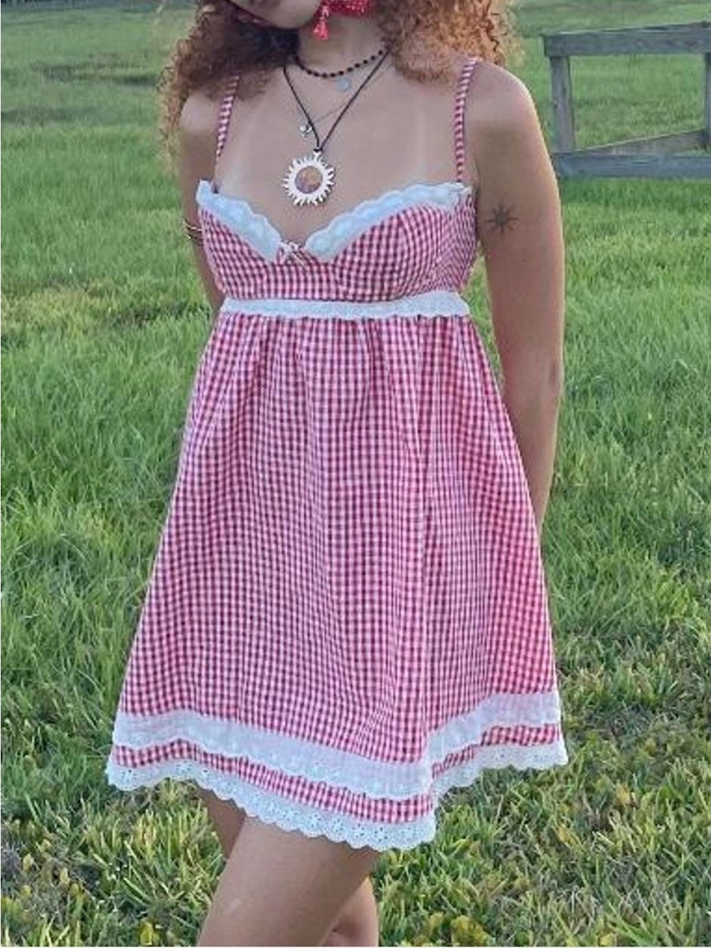 Red Gingham Lace-Trim Sundress